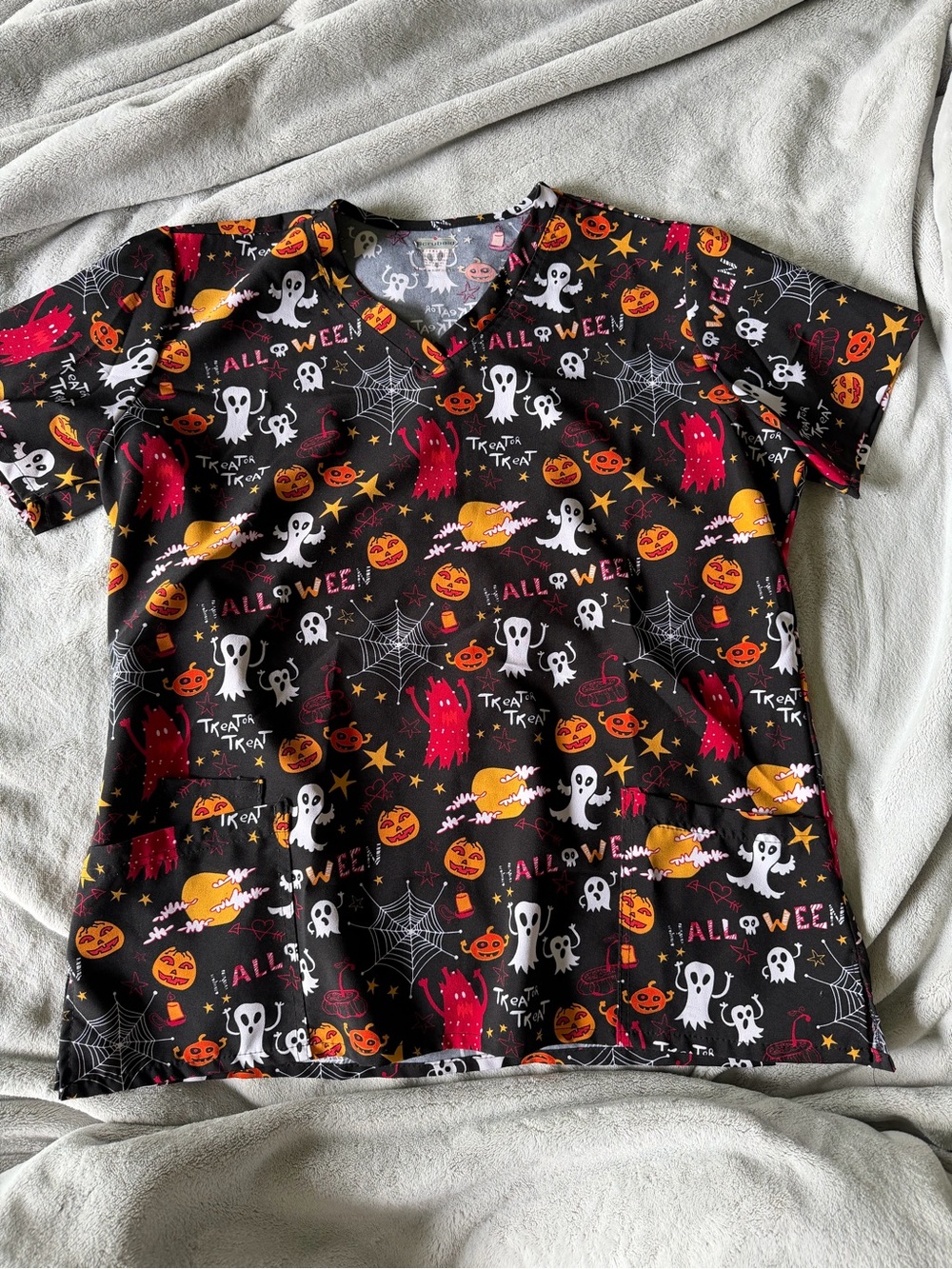 Halloween Scrub Shirt - Black with Orange & White Ghosts